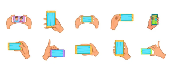 Conjunto de iconos de teléfono inteligente mano, estilo de dibujos animados — Vector de stock