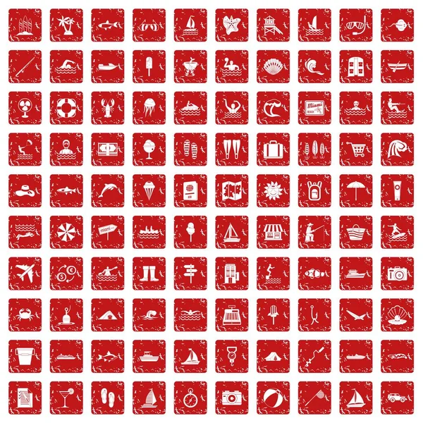 100 iconos de recreación de agua conjunto grunge rojo — Vector de stock