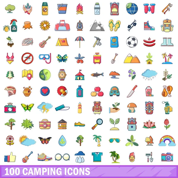 100 icônes de camping ensemble, style dessin animé — Image vectorielle