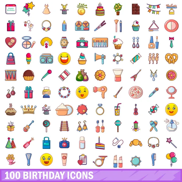 100 conjunto de iconos de cumpleaños, estilo de dibujos animados — Vector de stock