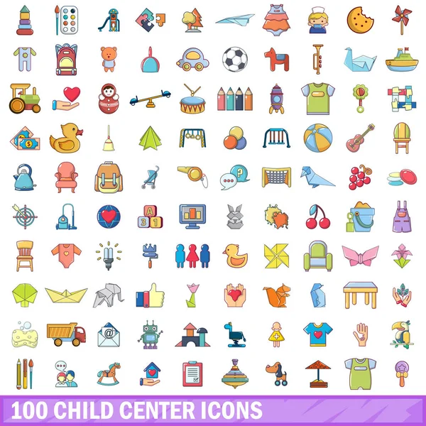 100 conjunto de iconos de centro infantil, estilo de dibujos animados — Vector de stock