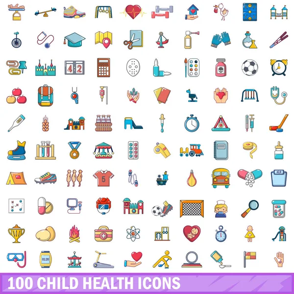 100 conjunto de iconos de salud infantil, estilo de dibujos animados — Vector de stock
