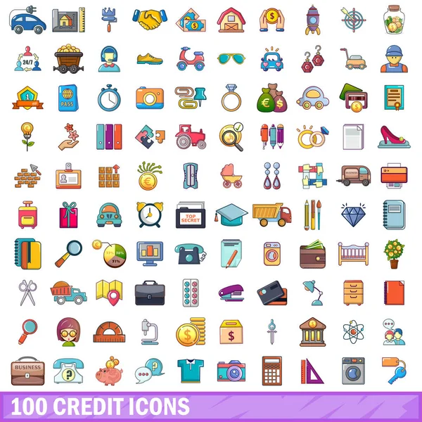 100 credit iconen instellen, cartoon stijl — Stockvector