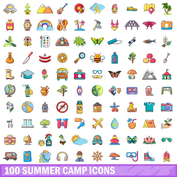 100 conjunto de iconos de campamento de verano, estilo de dibujos animados — Vector de stock