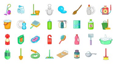 Cleaning tools icon set, cartoon style clipart