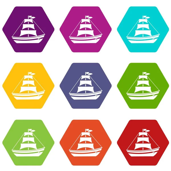 Boot mit Segel-Symbol setzt Farbe Hexaeder — Stockvektor