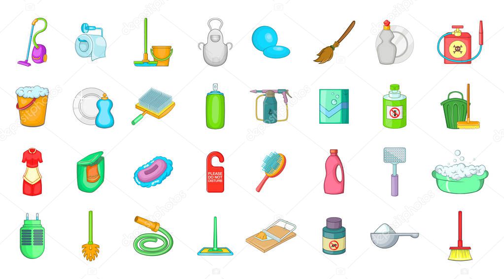Cleaning tools icon set, cartoon style