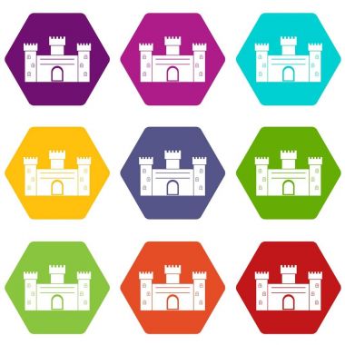 Renk altı yüzlü Ortaçağ surlarının Icon set