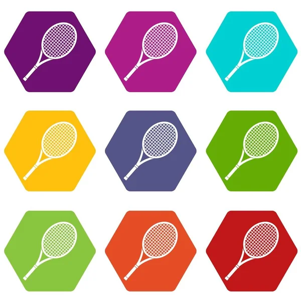 Ícone de raquete de tênis conjunto cor hexaedro — Vetor de Stock