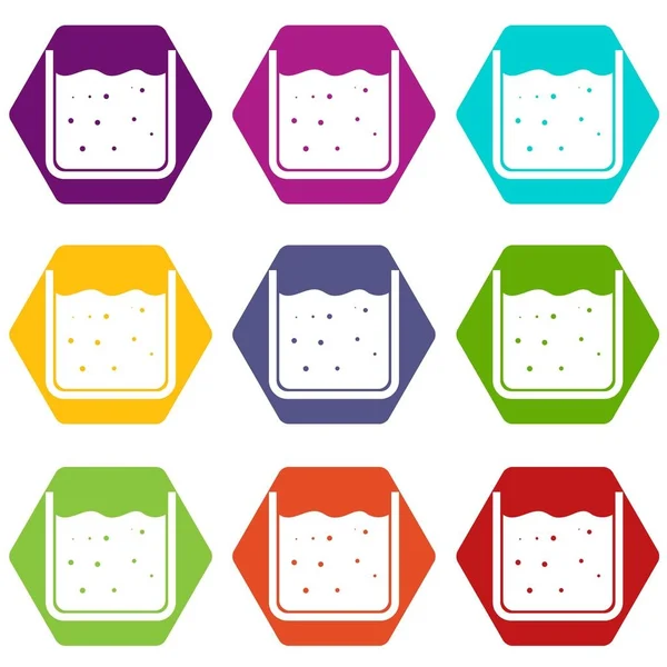 Vaso lleno de líquido icono conjunto hexaedro color — Vector de stock