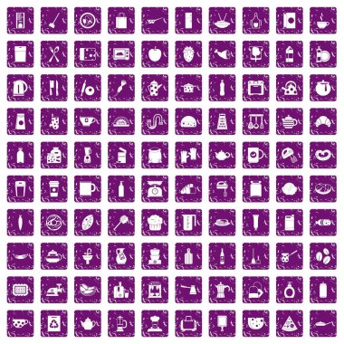 100 mutfak simgeler grunge mor ayarla