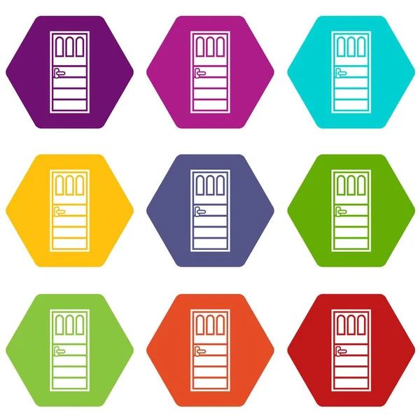 Puerta de madera con tres vasos icono conjunto de color hexaedro — Vector de stock