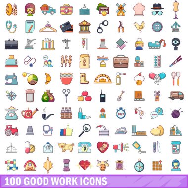100 iyi Icons set, karikatür tarzı iş