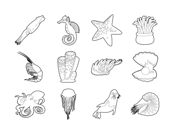 Conjunto de iconos de criatura marina, estilo de contorno — Vector de stock