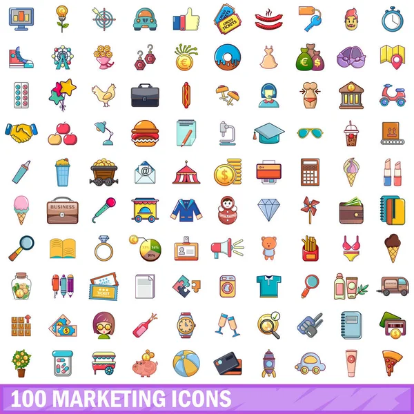 100 marketing pictogrammen instellen, cartoon stijl — Stockvector