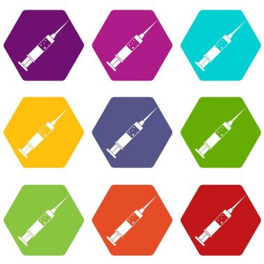 Renk altı yüzlü enjeksiyon şırınga Icon set