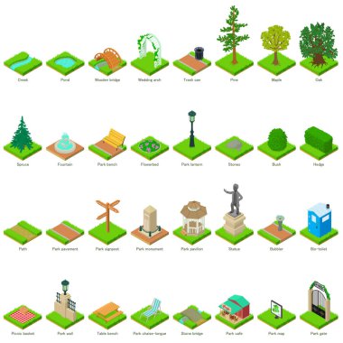 Park doğa öğeleri Icons set, izometrik stili