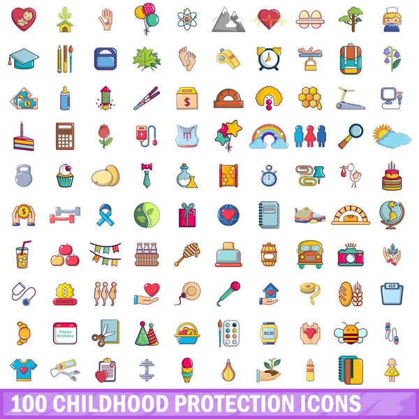 100 iconos de protección de la infancia conjunto, estilo de dibujos animados — Vector de stock