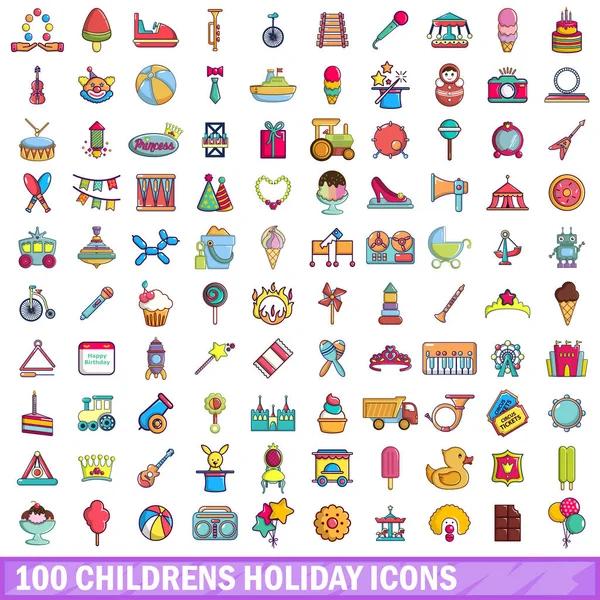 100 niños conjunto de iconos de vacaciones, estilo de dibujos animados — Vector de stock