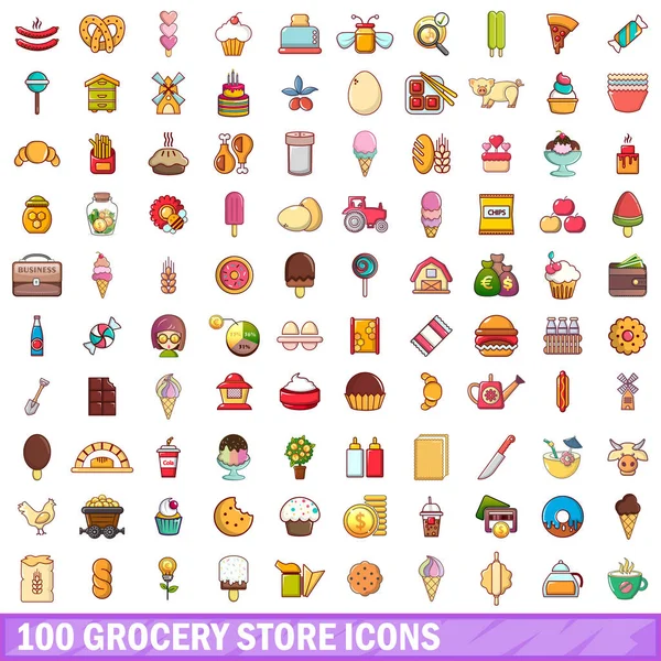 100 tienda de comestibles iconos conjunto, estilo de dibujos animados — Vector de stock