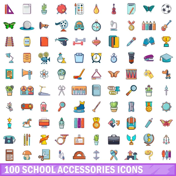 100 σχολείο αξεσουάρ εικονίδια οριστεί, κινούμενα σχέδια στυλ — Διανυσματικό Αρχείο