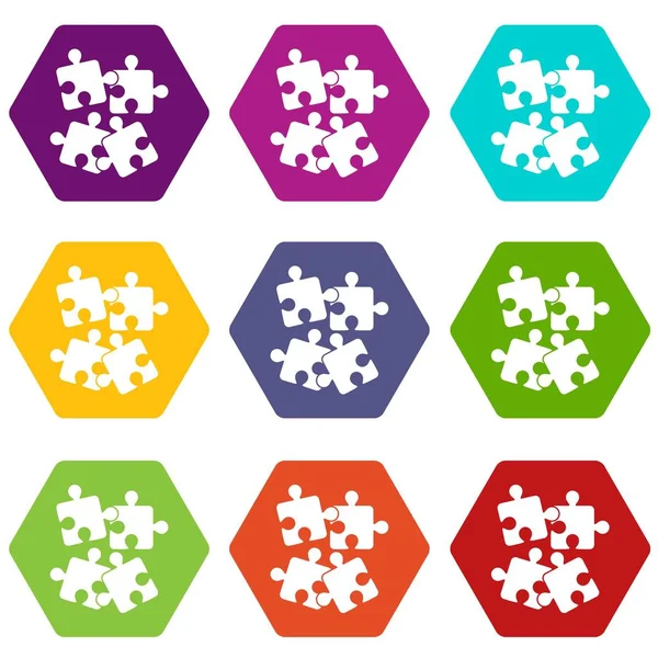 Rompecabezas rompecabezas icono conjunto de color hexaedro — Vector de stock