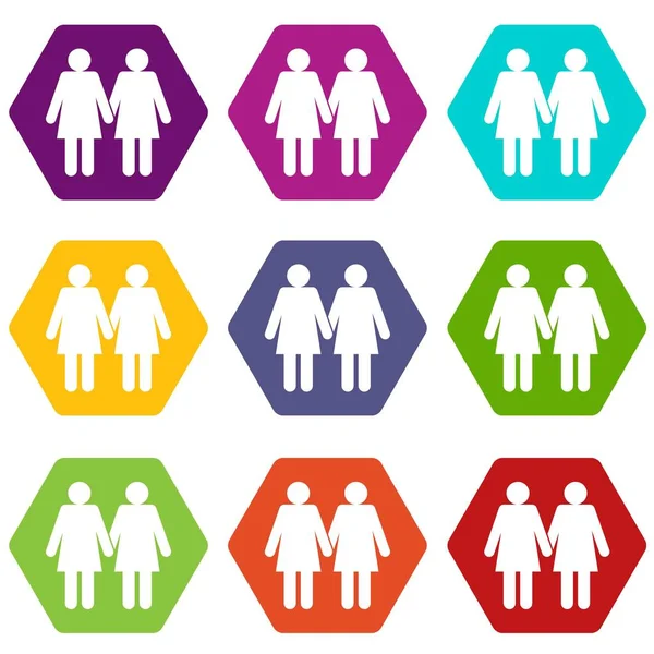 Deux filles lesbiennes icône ensemble couleur hexaèdre — Image vectorielle