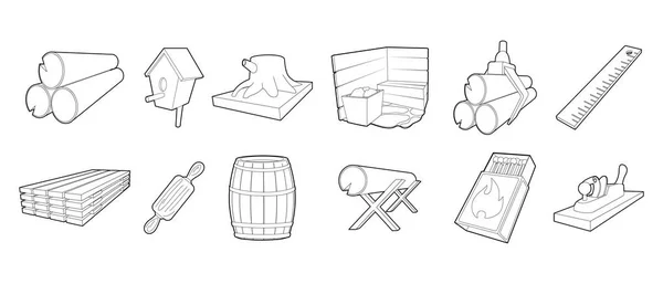 Conjunto de ícones de madeira, estilo de contorno — Vetor de Stock