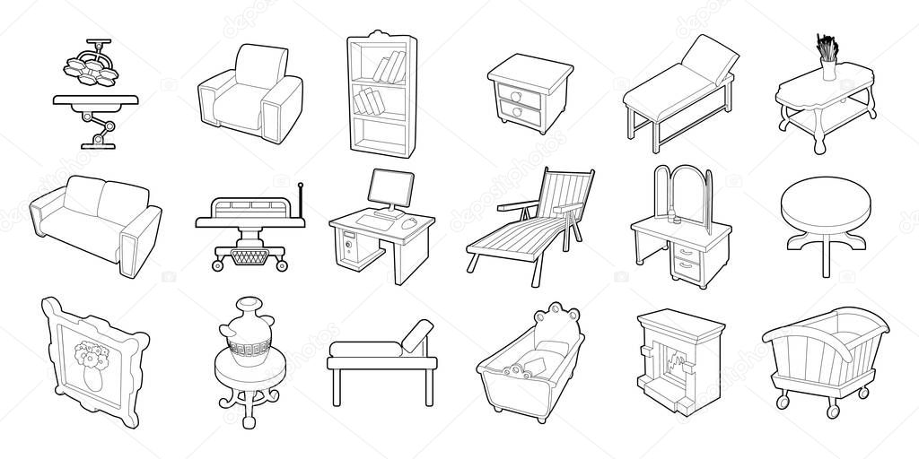 Furniture icon set, outline style