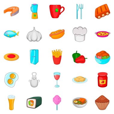 Akşam yemeği simgeler ayarla, çizgi film tarzı