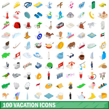 100 tatil Icons set, izometrik 3d stili