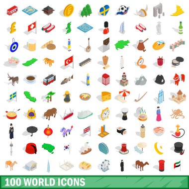 100 dünya Icons set, izometrik 3d stili