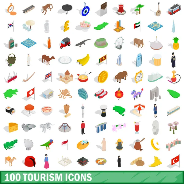 100 conjunto de ícones de turismo, estilo 3D isométrico —  Vetores de Stock