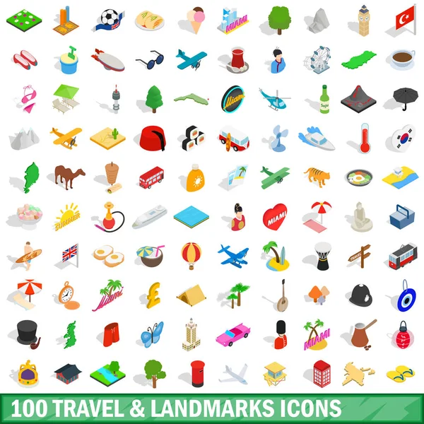 Ensemble de 100 icônes de repères de voyage, style 3d isométrique — Image vectorielle