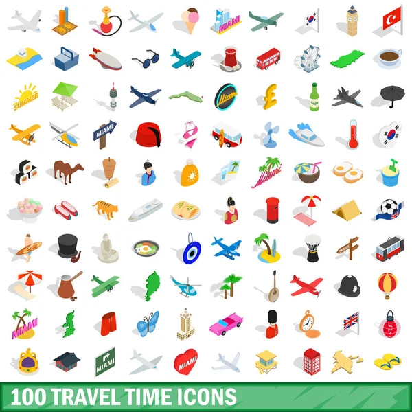 Ensemble de 100 icônes de temps de voyage, style 3d isométrique — Image vectorielle