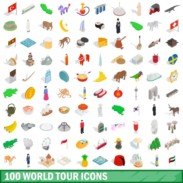 100 iconos de la gira mundial conjunto, estilo isométrico 3d — Vector de stock