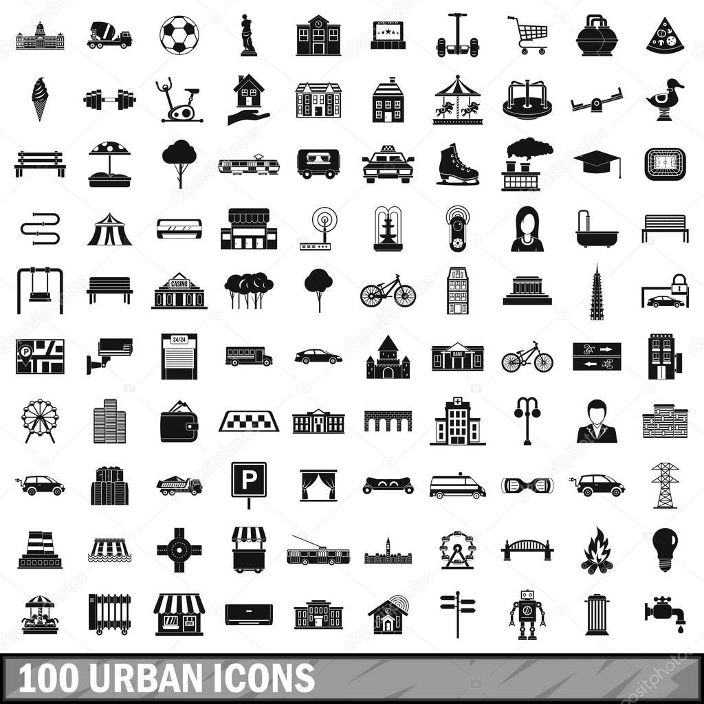 100 urban icons set, simple style