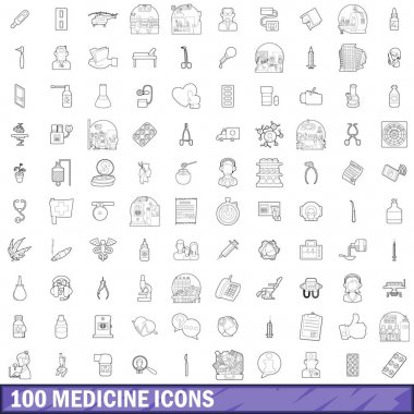 100 tıp Icons set, anahat stili