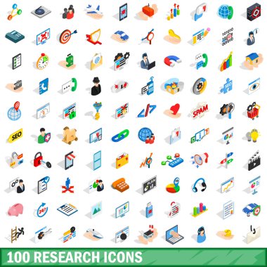 100 araştırma Icons set, izometrik 3d stili