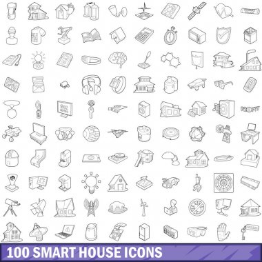 100 akıllı ev Icons set, anahat stili