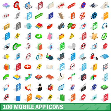 100 mobil app Icons set, izometrik 3d stili