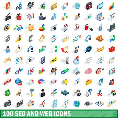 100 seo ve web Icons set, izometrik 3d tarzı
