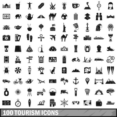 100 turizm Icons set, basit tarzı
