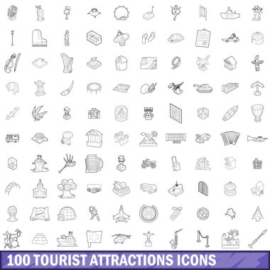 100 turistik cazibe merkezlerine Icons set, anahat stili