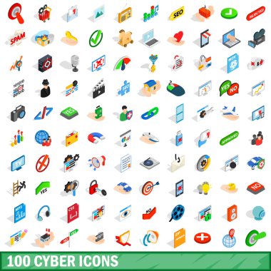 100 cyber Icons set, izometrik 3d stili