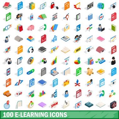 100 e-öğrenme Icons set, izometrik 3d stili