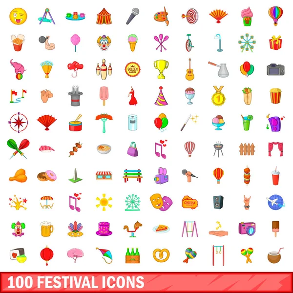 100 festival ikon diatur, gaya kartun - Stok Vektor