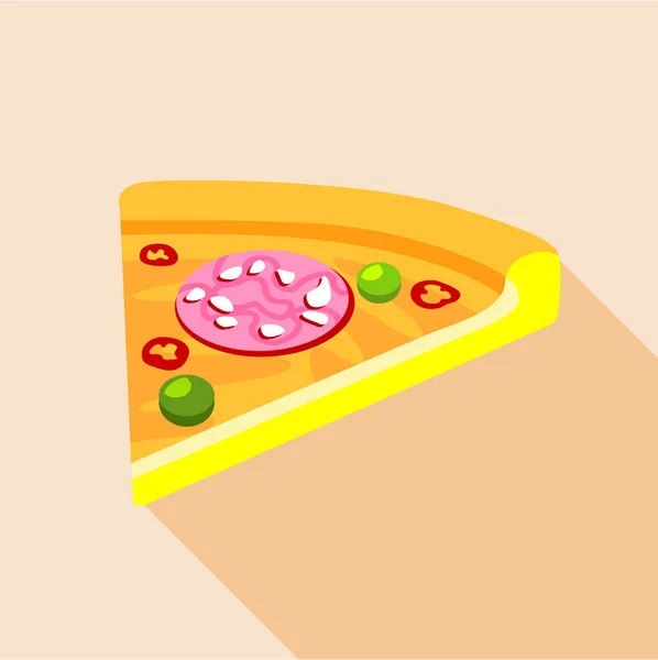 Rebanada de pizza con salchichas y aceitunas icono — Vector de stock