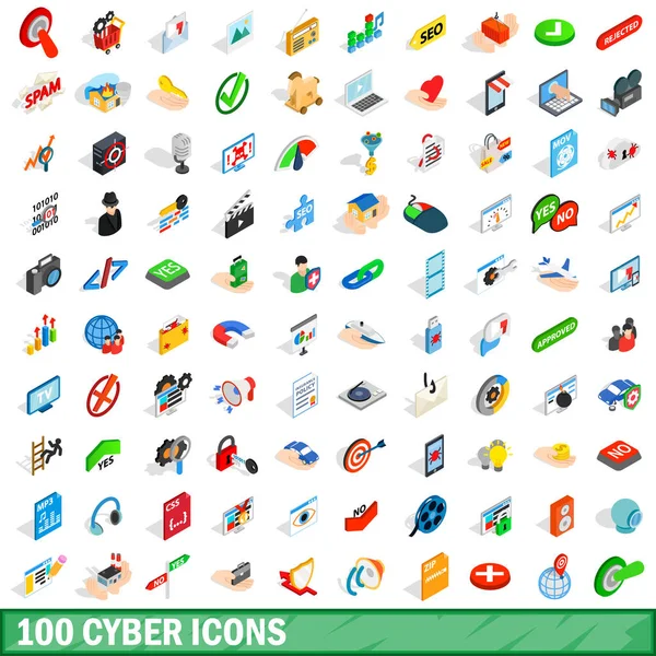 100 cyber Icons set, izometrik 3d stili