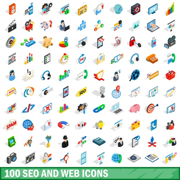 100 seo ve web Icons set, izometrik 3d tarzı — Stok Vektör